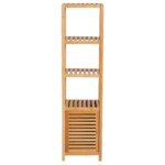 Pastatoma siaura aukšta vonios spintelė su lentynomis ir žaliuzinėmis durelėmis