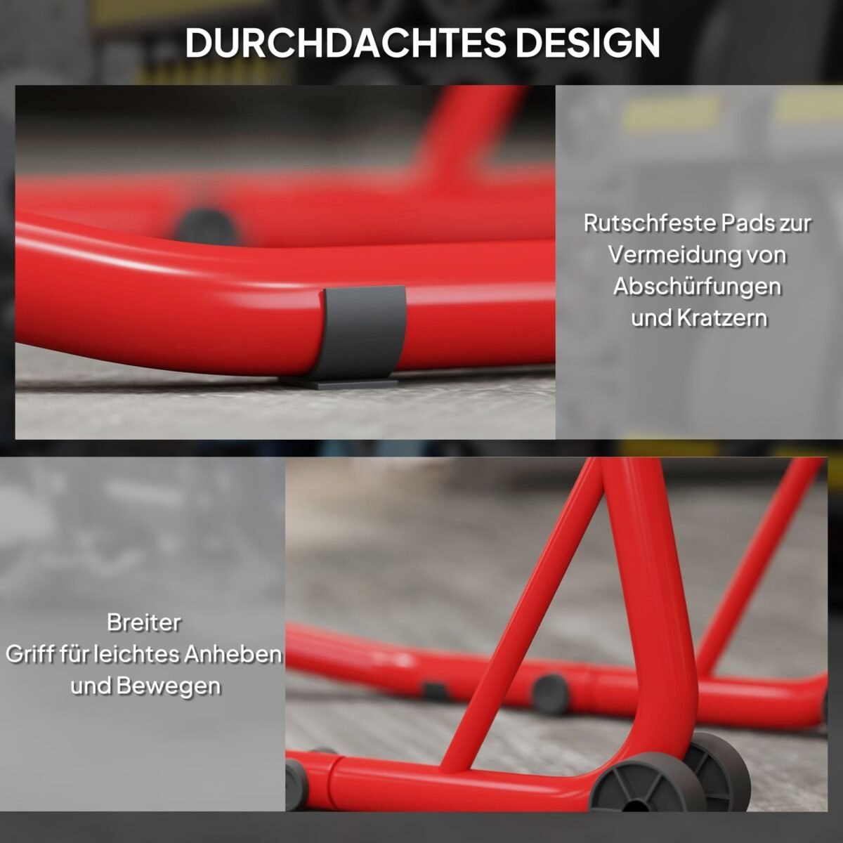 Reguliuojamas motociklo stovas priekiniam ir galiniam ratui – 544 kg keliamoji galia