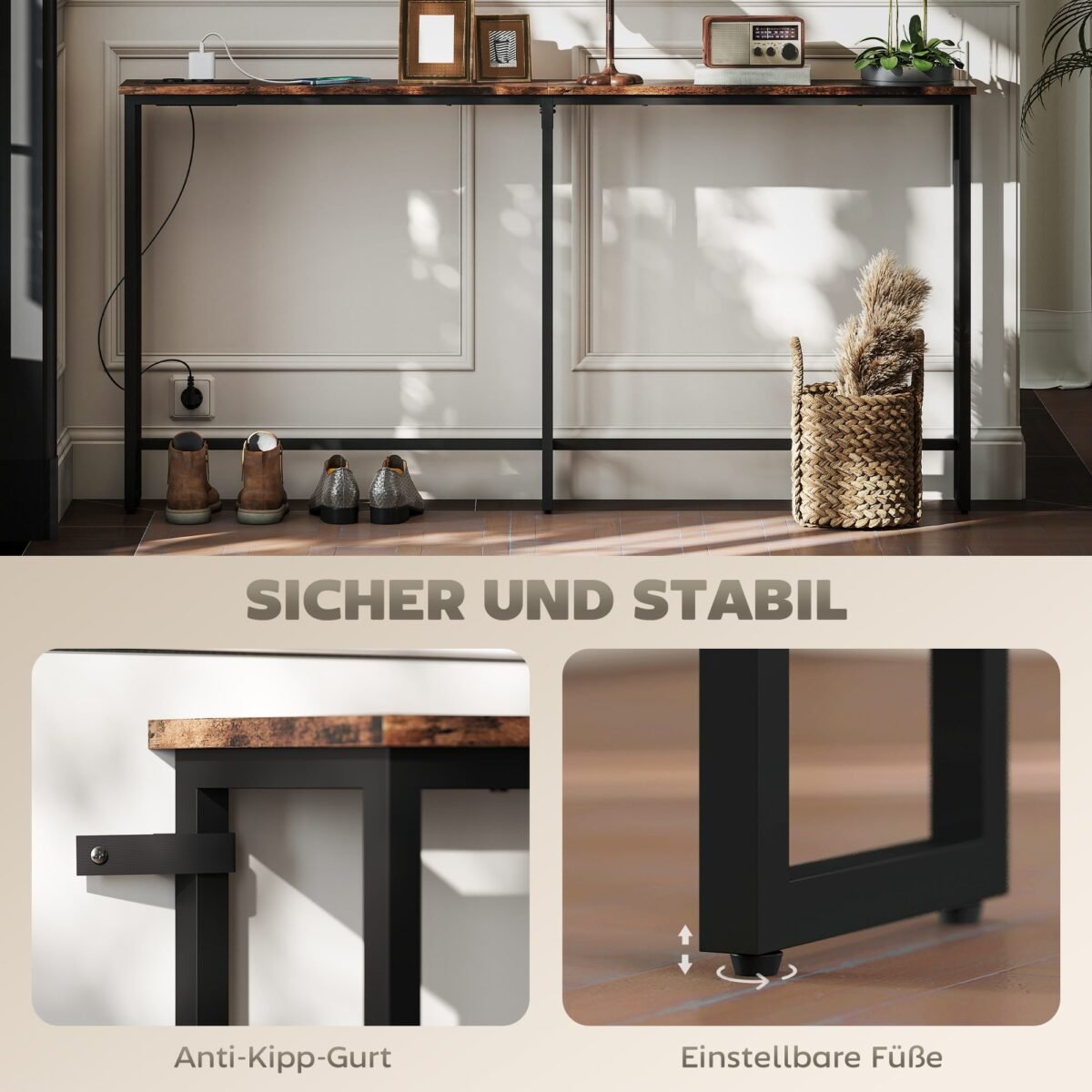 Siauras pramoninio stiliaus konsolės staliukas su įkrovimo stotele