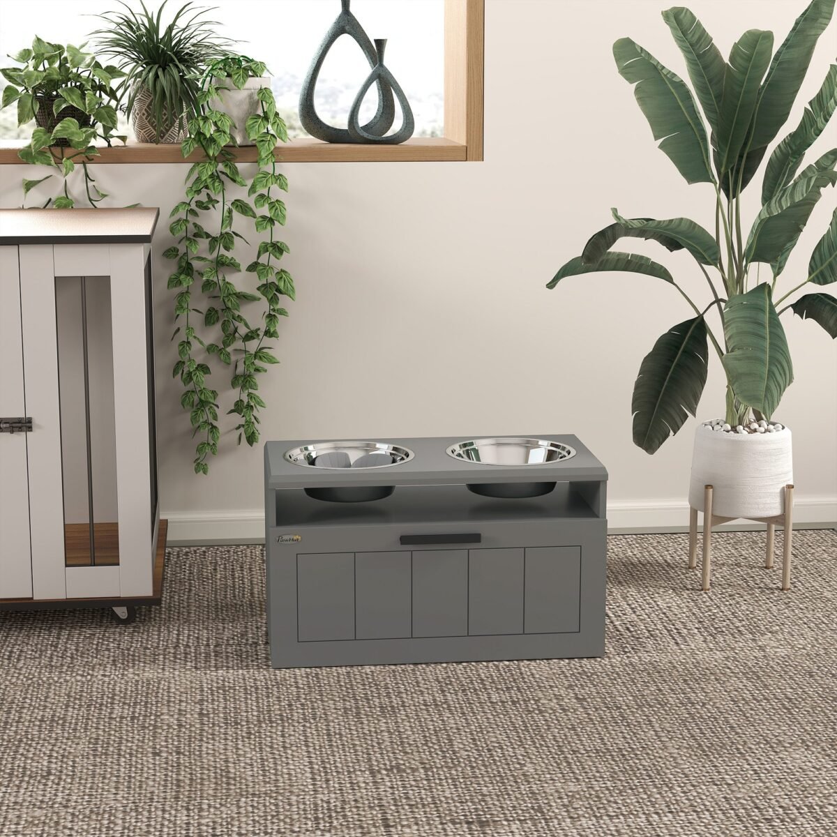 Šunų ėdalo stotelė dideliems šunims su pakeltais dubenėliais ir daiktadėže