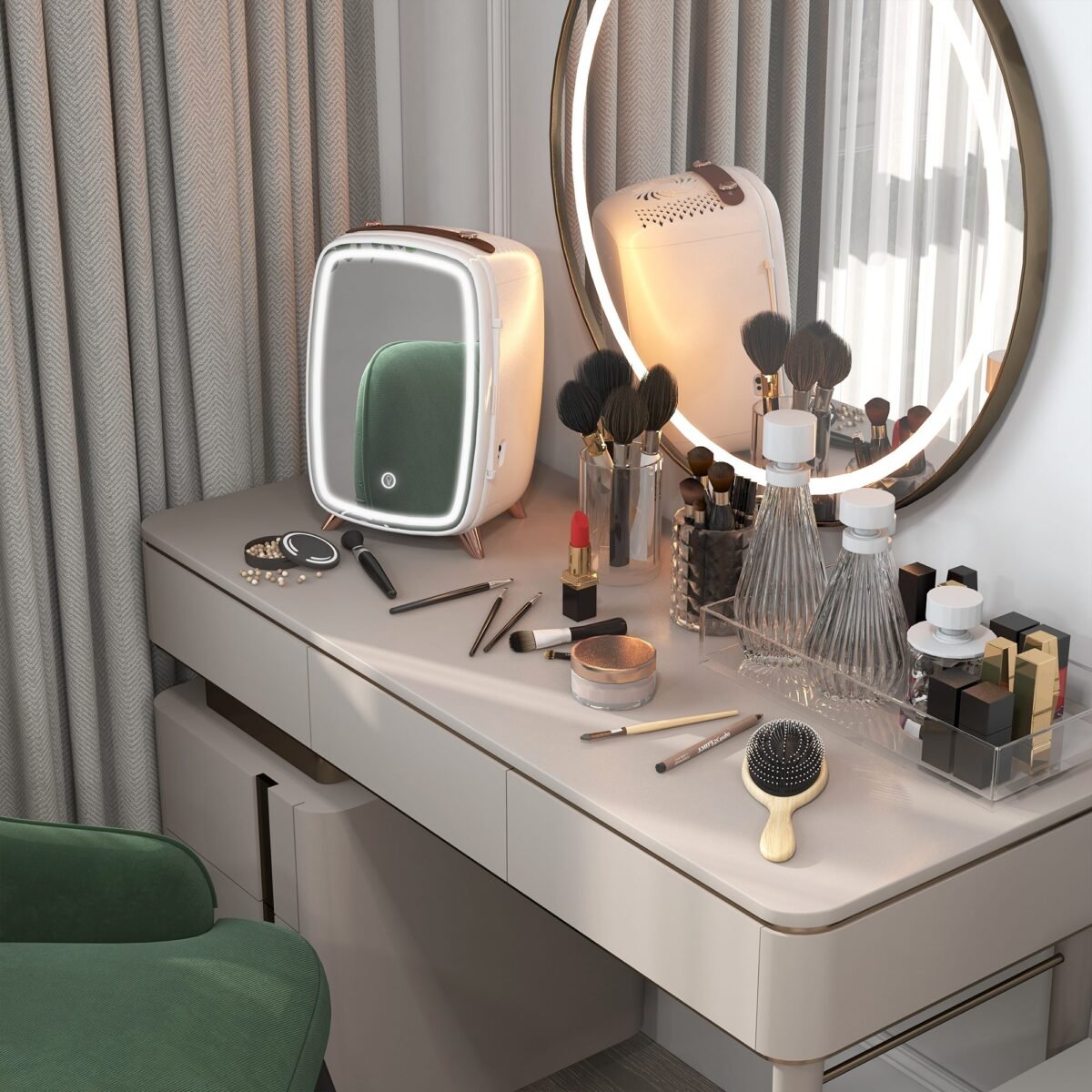 Nešiojamas mini šaldytuvas kosmetikai su apšviestu veidrodžiu