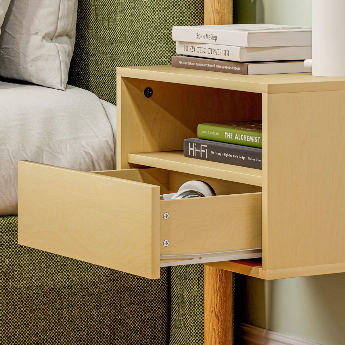 2 dalių sieninių naktinių staliukų rinkinys su stalčiumi ir atvira lentyna