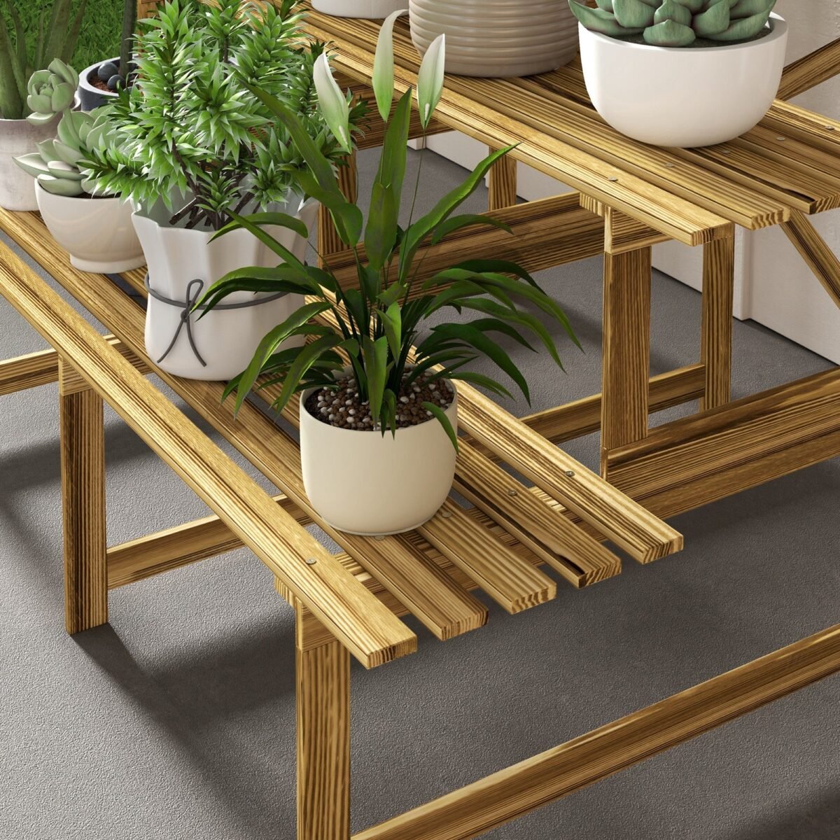 Eglės medienos trijų pakopų lauko augalų stovas