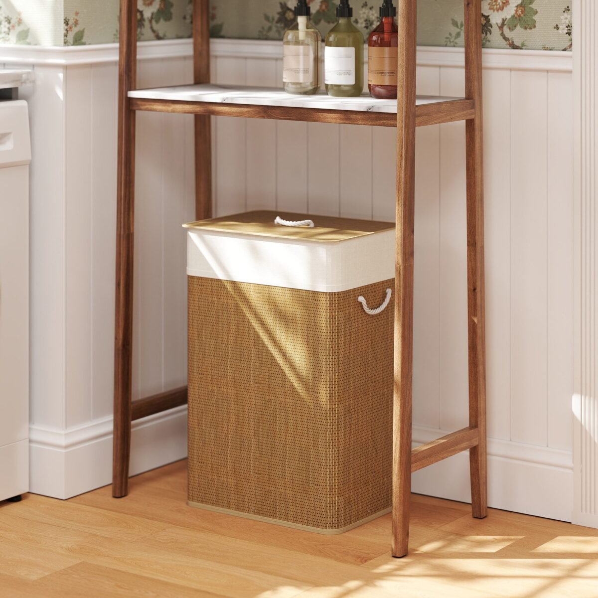 Bambuko skalbinių krepšys su dangčiu ir išimamu maišu 72 l