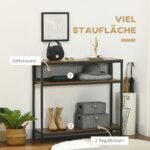 Prieškambario konsolė industrinio stiliaus su 2 atviromis lentynomis ir tinkline nugarėle – 100 x 29,5 x 90 cm