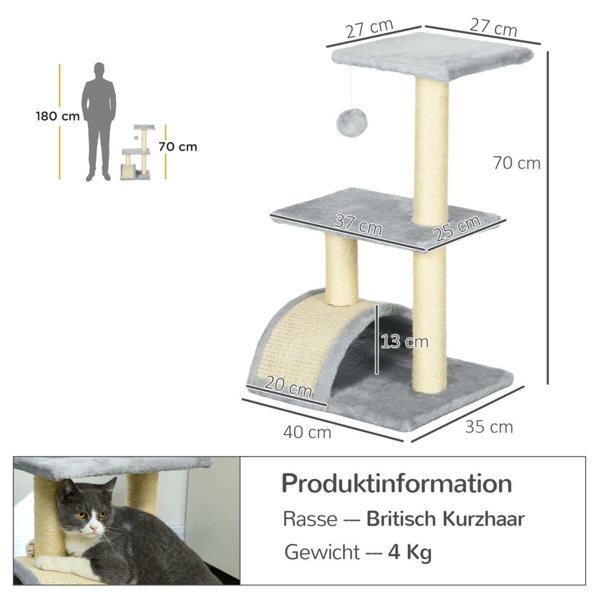 Kačių draskyklė su sisalo stulpais ir platforma 72 cm aukščio