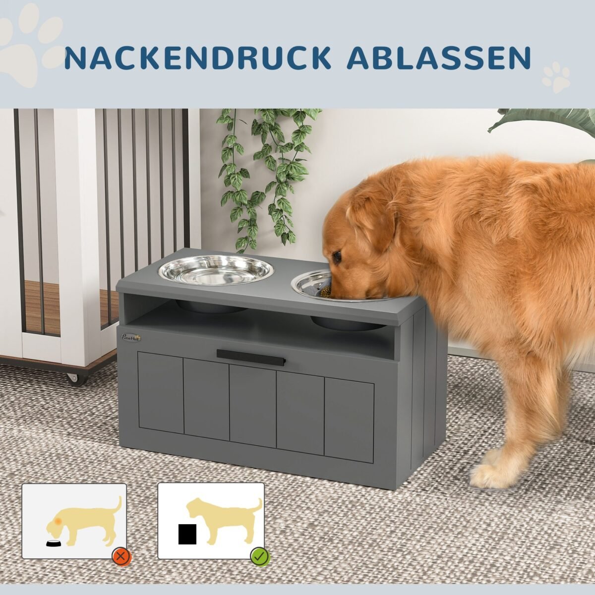 Šunų ėdalo stotelė dideliems šunims su pakeltais dubenėliais ir daiktadėže