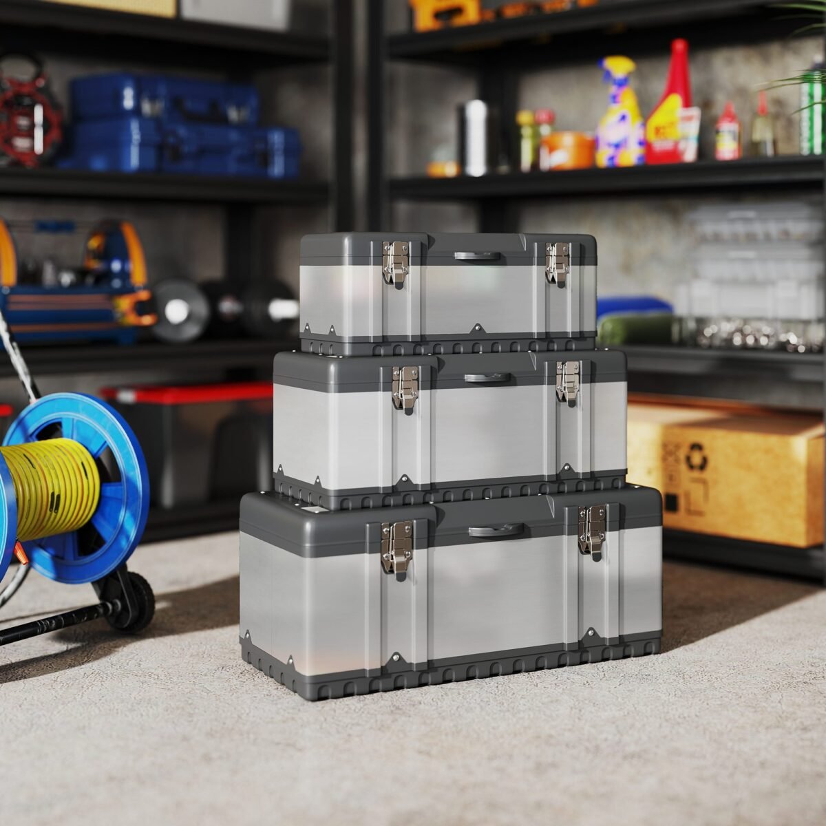 Tvirtas 3 dalių įrankių dėžių rinkinys iš nerūdijančio plieno ir plastiko