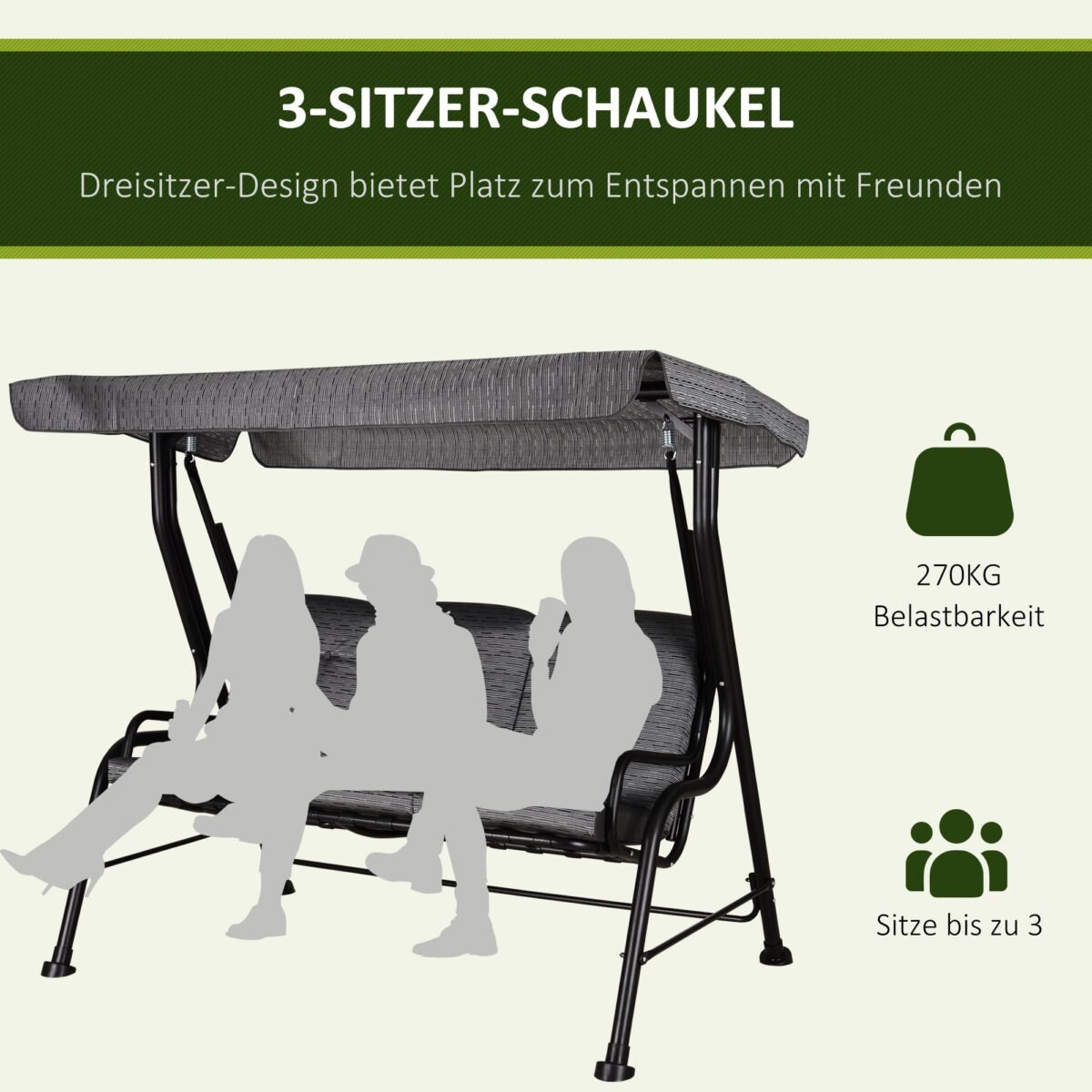 3 vietų sodo supynės su reguliuojamu stogeliu