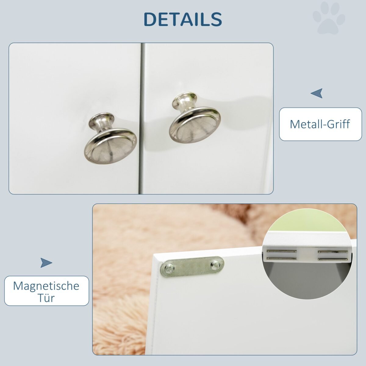 Paaukštinta šunų ėdalo vieta su spintele ir dviem nerūdijančio plieno dubenėliais