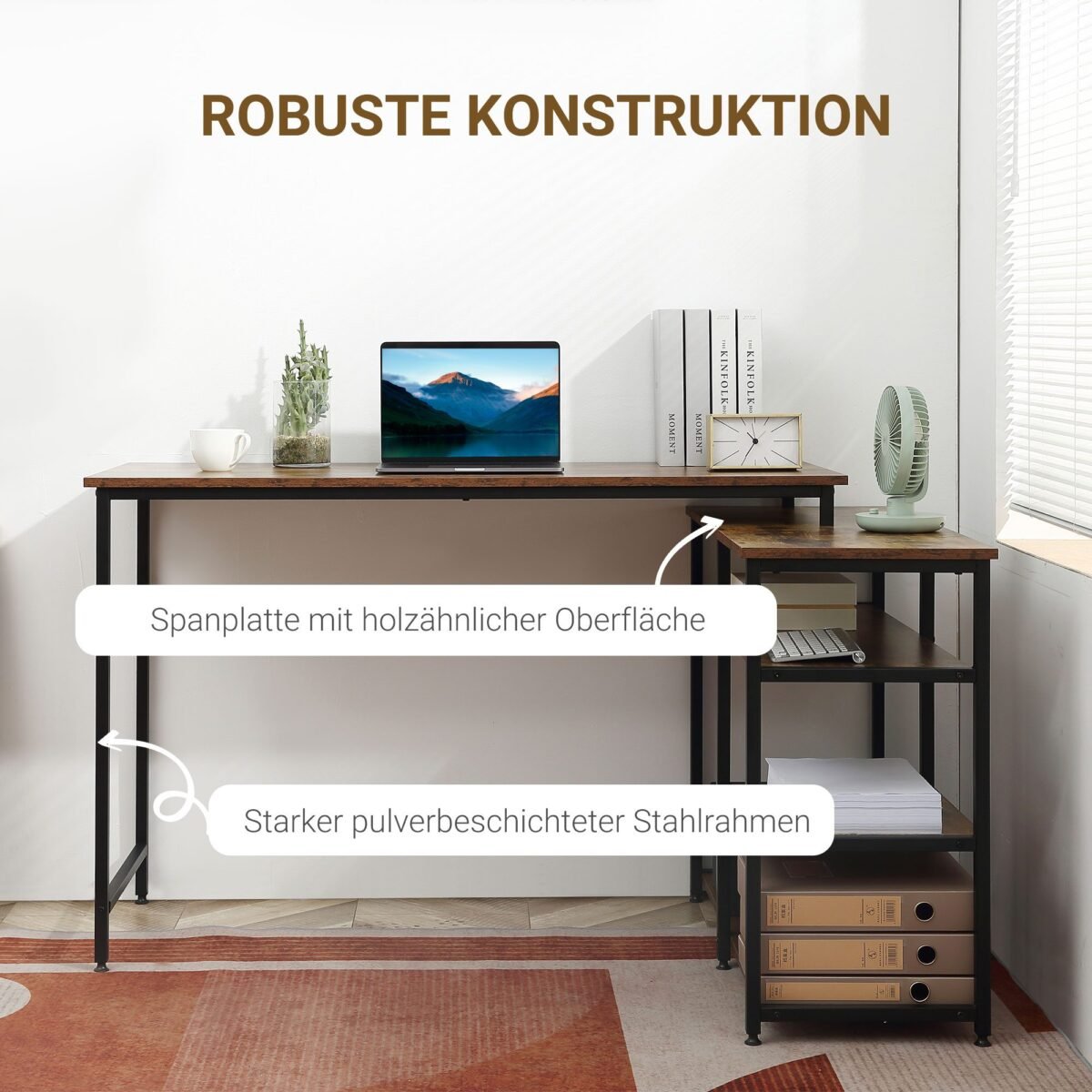 L formos kampinis rašomasis stalas su šonine lentyna