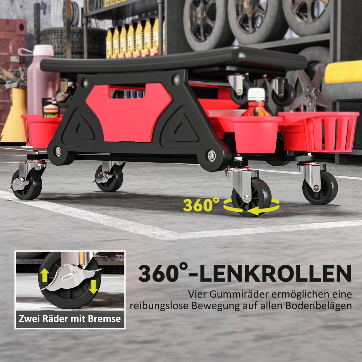 Dirbtuvių kėdė su ratukais ir įrankių skyriais