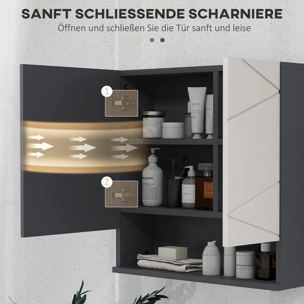 Sieninė vonios spintelė su veidrodžiu ir reguliuojamomis lentynomis