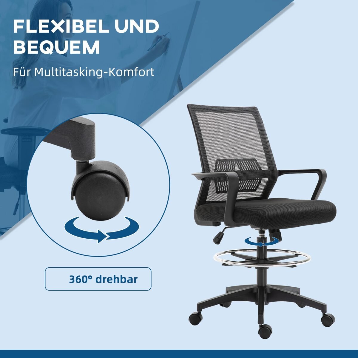 Aukšta biuro kėdė su reguliuojamu aukščiu, pakoju ir tinkline nugaros atrama