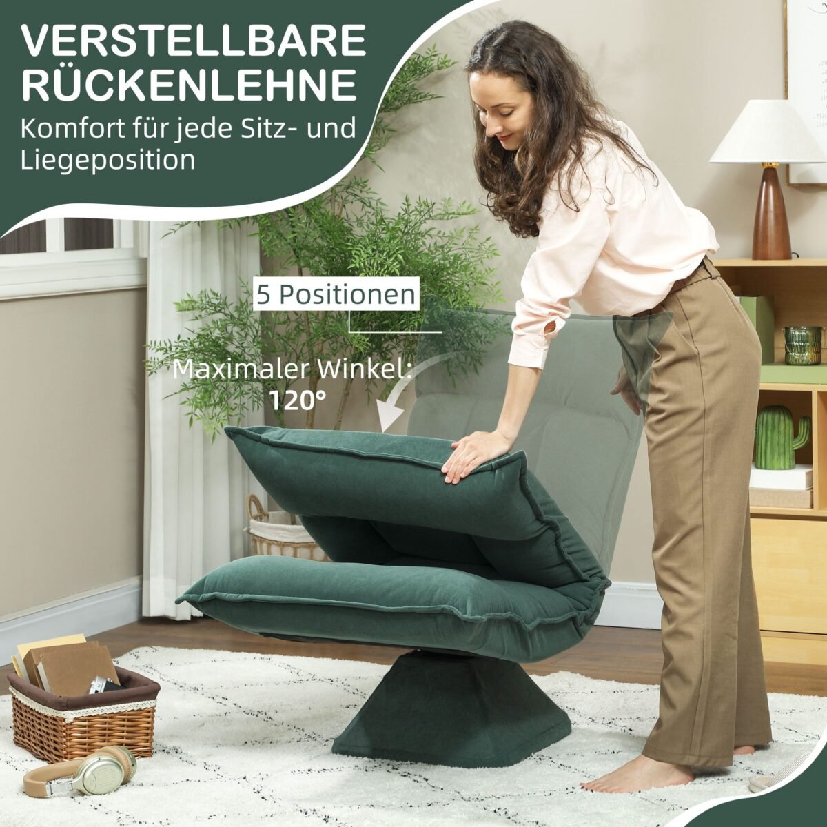 Sulankstoma grindų kėdė su 360° pasukimu ir reguliuojamu atlošu