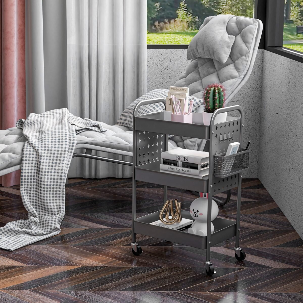 Daugiafunkcis vežimėlis su trimis lentynomis ir ratukais