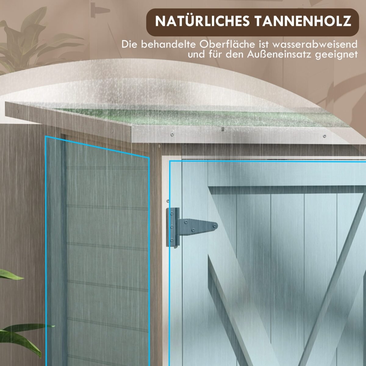 Medinė sodo įrankių spinta su bituminiu stogu ir lentynomis