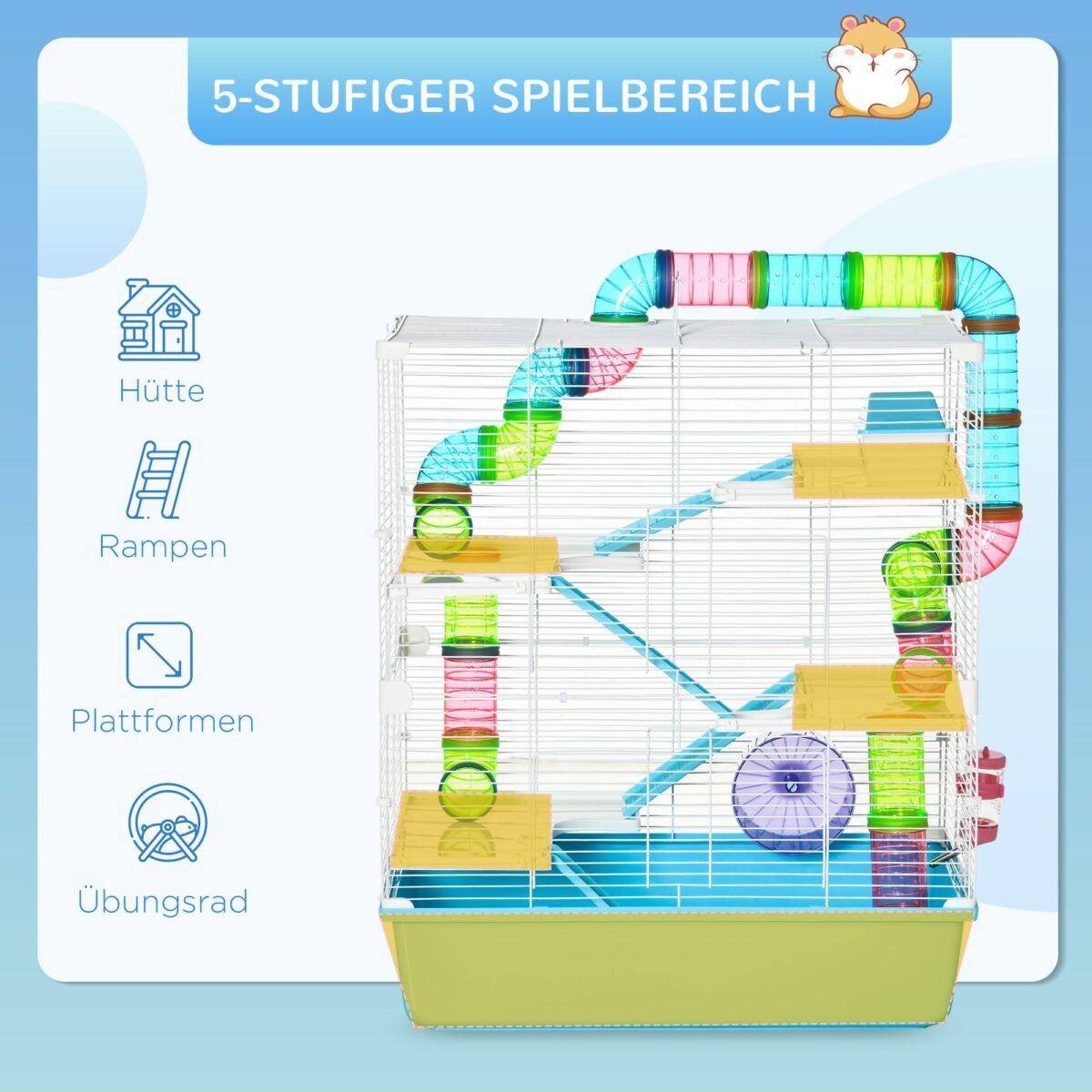 Penkiaaukštis smulkių gyvūnų narvas su rampa ir bėgimo ratu
