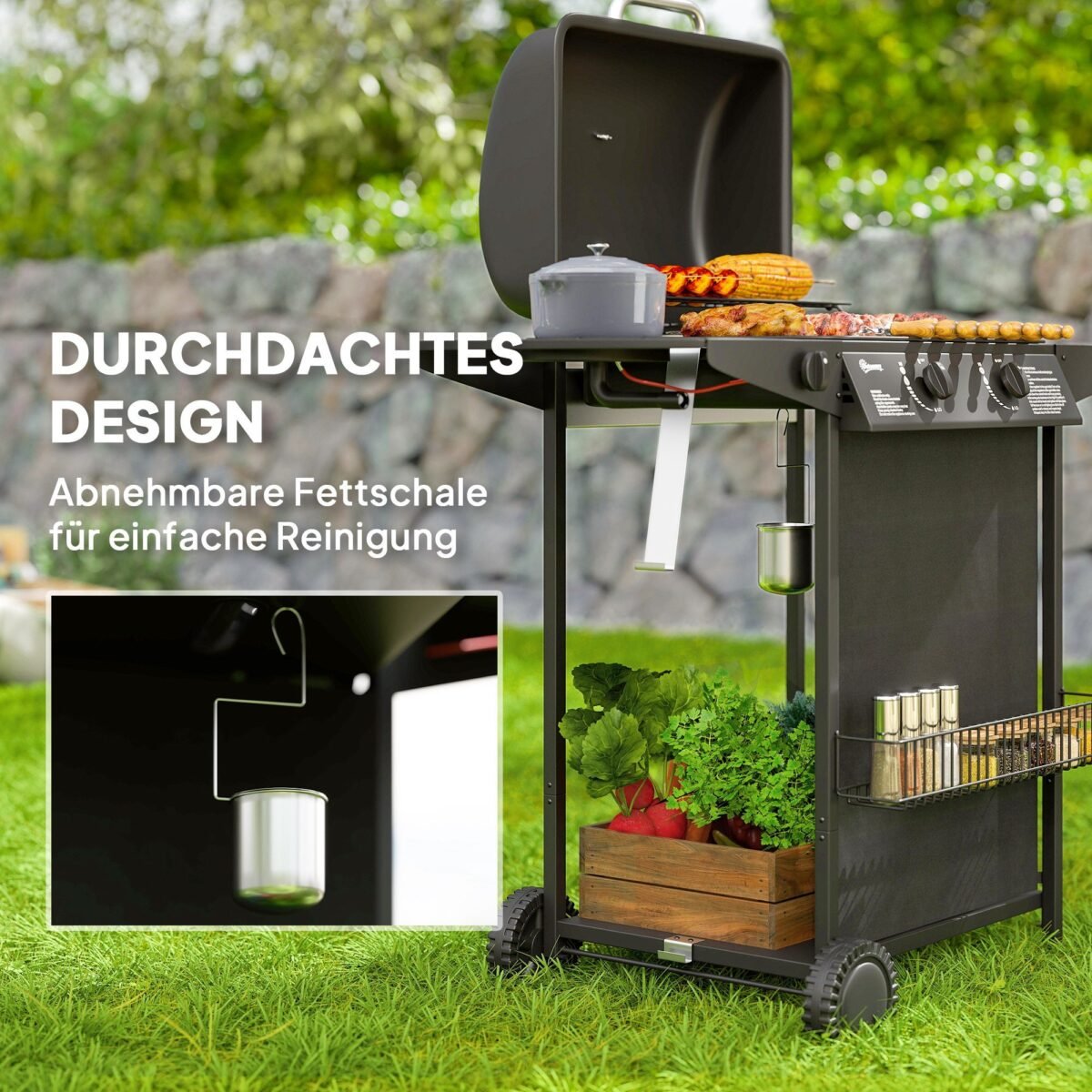 Mobilioji dujinė kepsninė su 3 degikliais ir šonine virykle