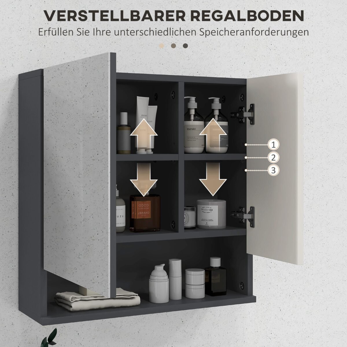 Sieninė vonios spintelė su veidrodžiu ir reguliuojamomis lentynomis