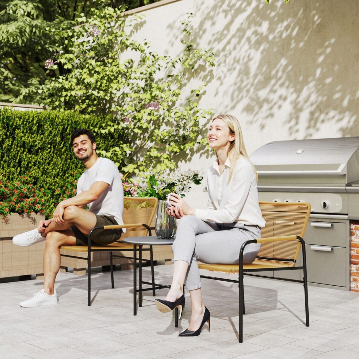 3 dalių PE ratano bistro komplektas su 2 kėdėmis ir stalu