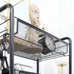 Kompaktiškas mobilus sandėliavimo vežimėlis su 5 metaliniais krepšeliais ir fiksuojamais ratukais