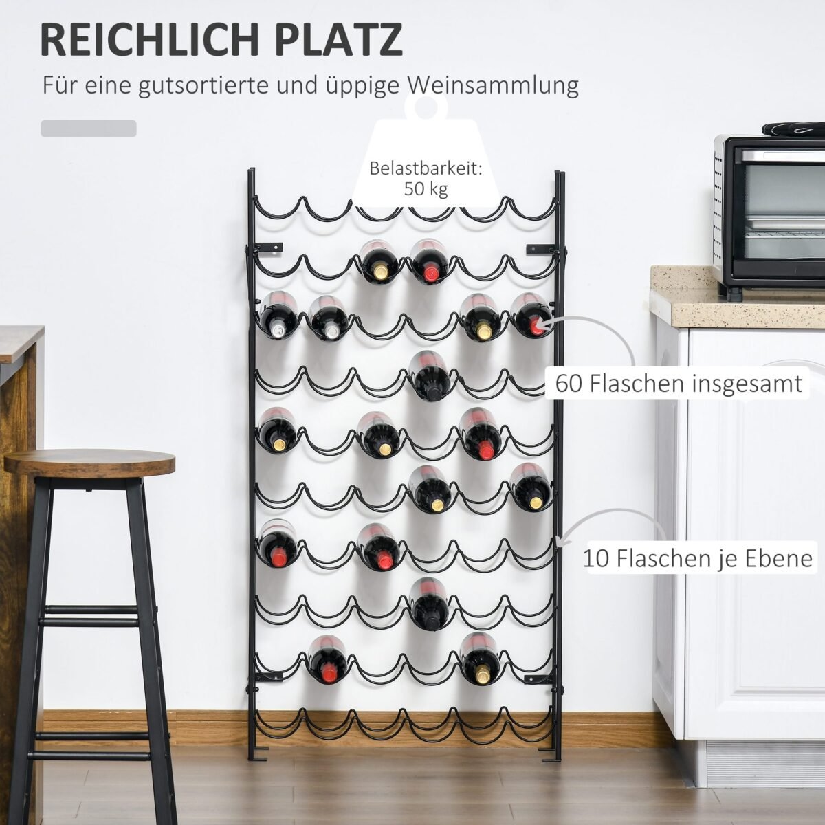 Sieninė metalinė vyno lentyna 60 buteliams