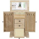 Keturių lygių medinė papuošalų dėžutė su veidrodžiu