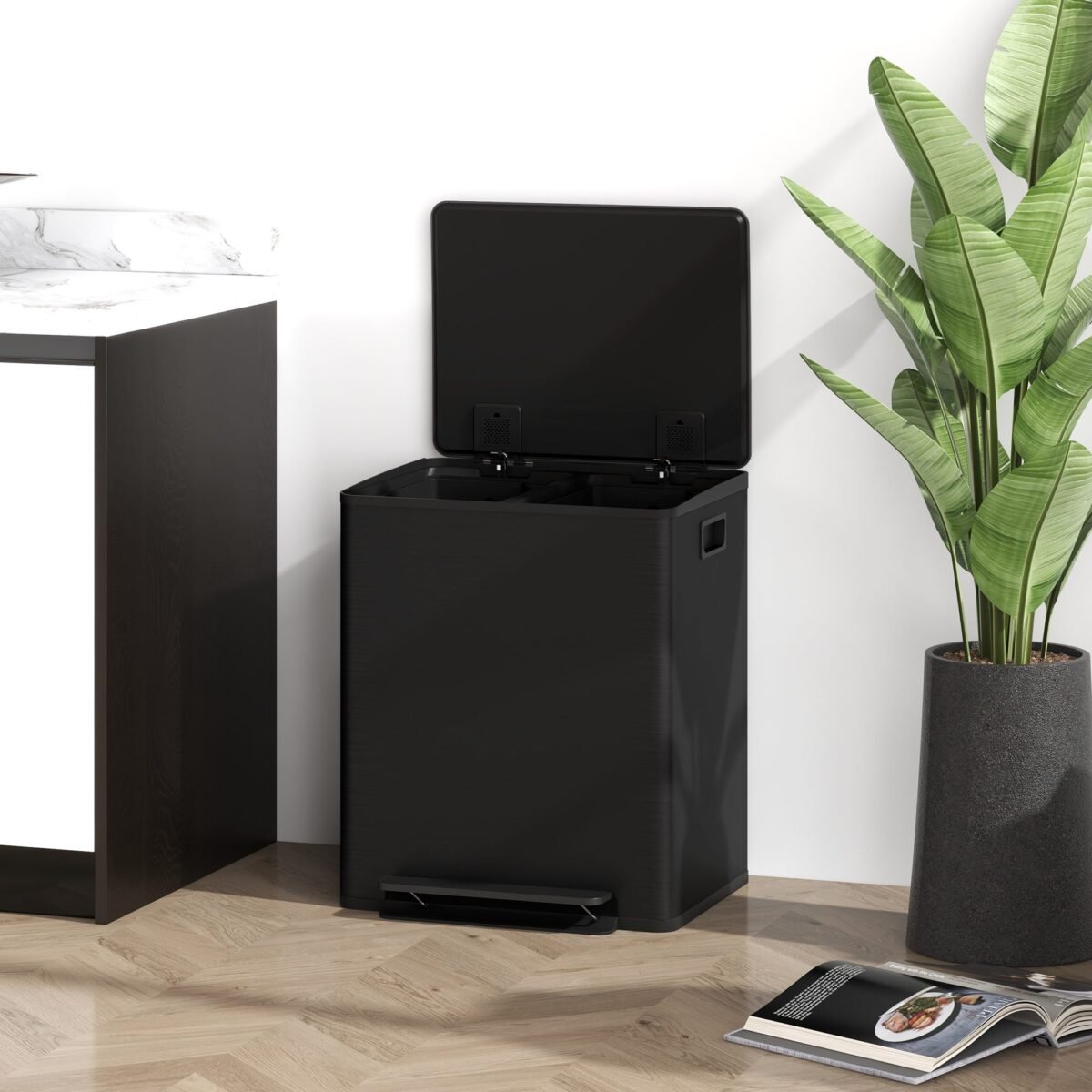 Pirštų atspaudams atspari paminama šiukšliadėžė su dviem 25 l skyriais