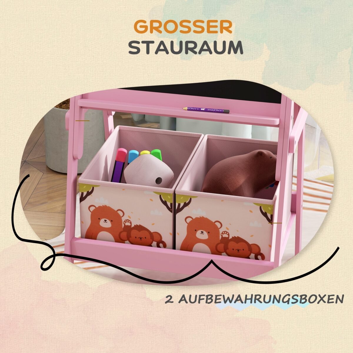 Vaikiškas dvipusis dailės molbertas su popieriaus laikikliu ir piešimo lentomis