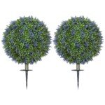 Du UV spinduliams atsparūs dirbtiniai levandų medeliai su žemės kuoliukais