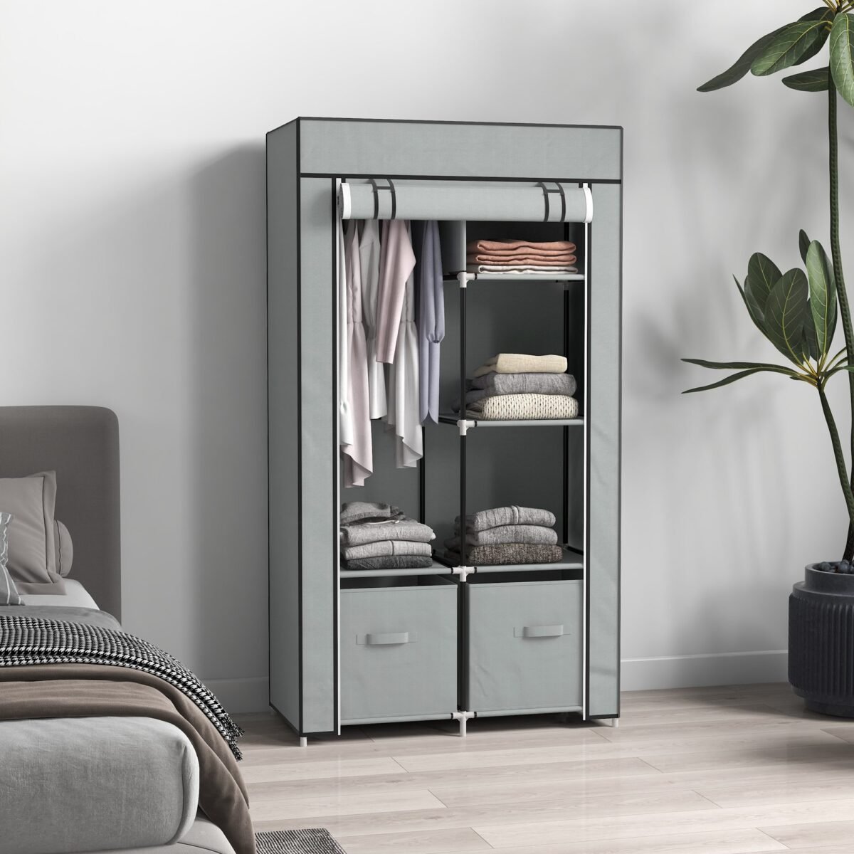 Nešiojama audininė drabužių spinta su užsegamu uždangalu, kabykla ir 2 stalčiais