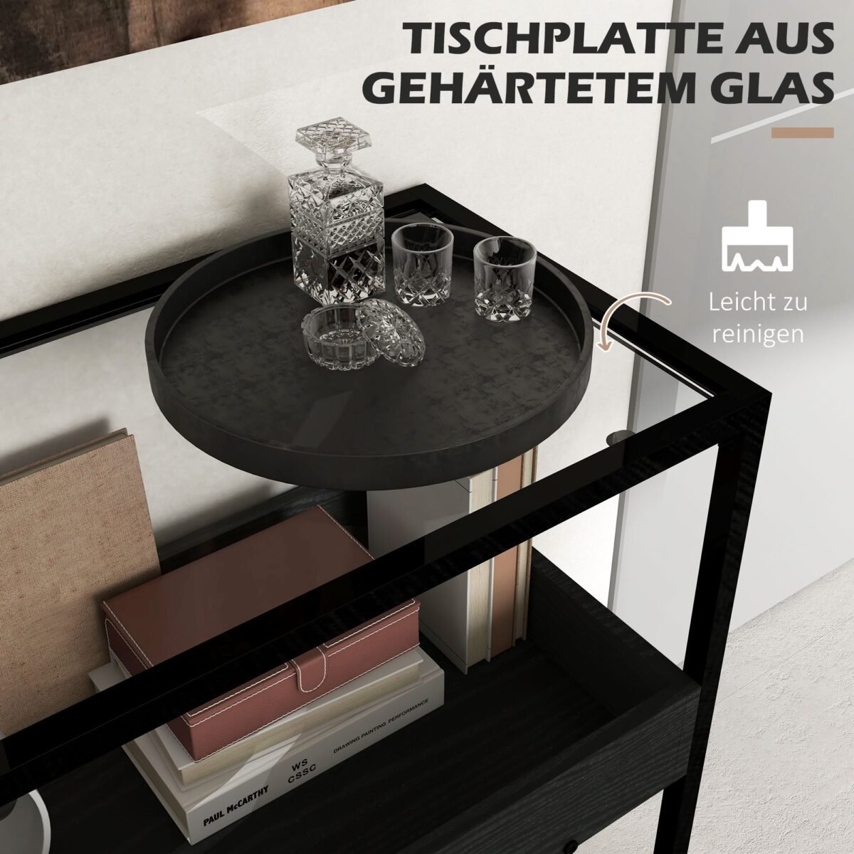 Prieškambario konsolinis staliukas su stikliniu stalviršiu ir dviem lentynomis