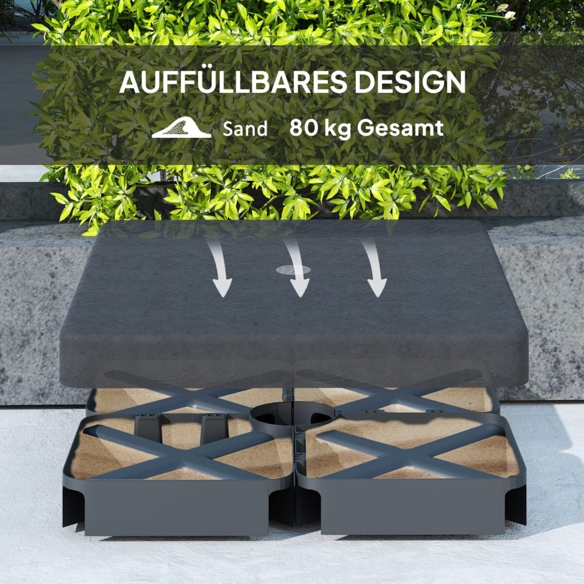 Smėliu pildomi, oro sąlygoms atsparūs skėčio stovo pagrindo svoriai