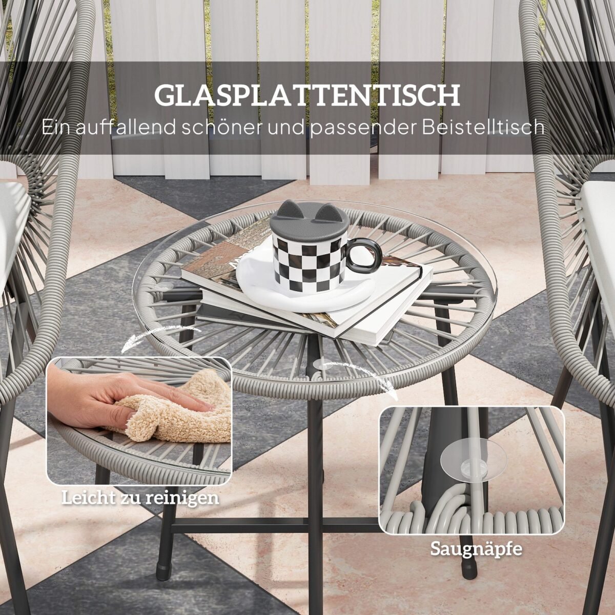 3 dalių lauko bistro komplektas su ratano pynimu ir stikliniu stalviršiu