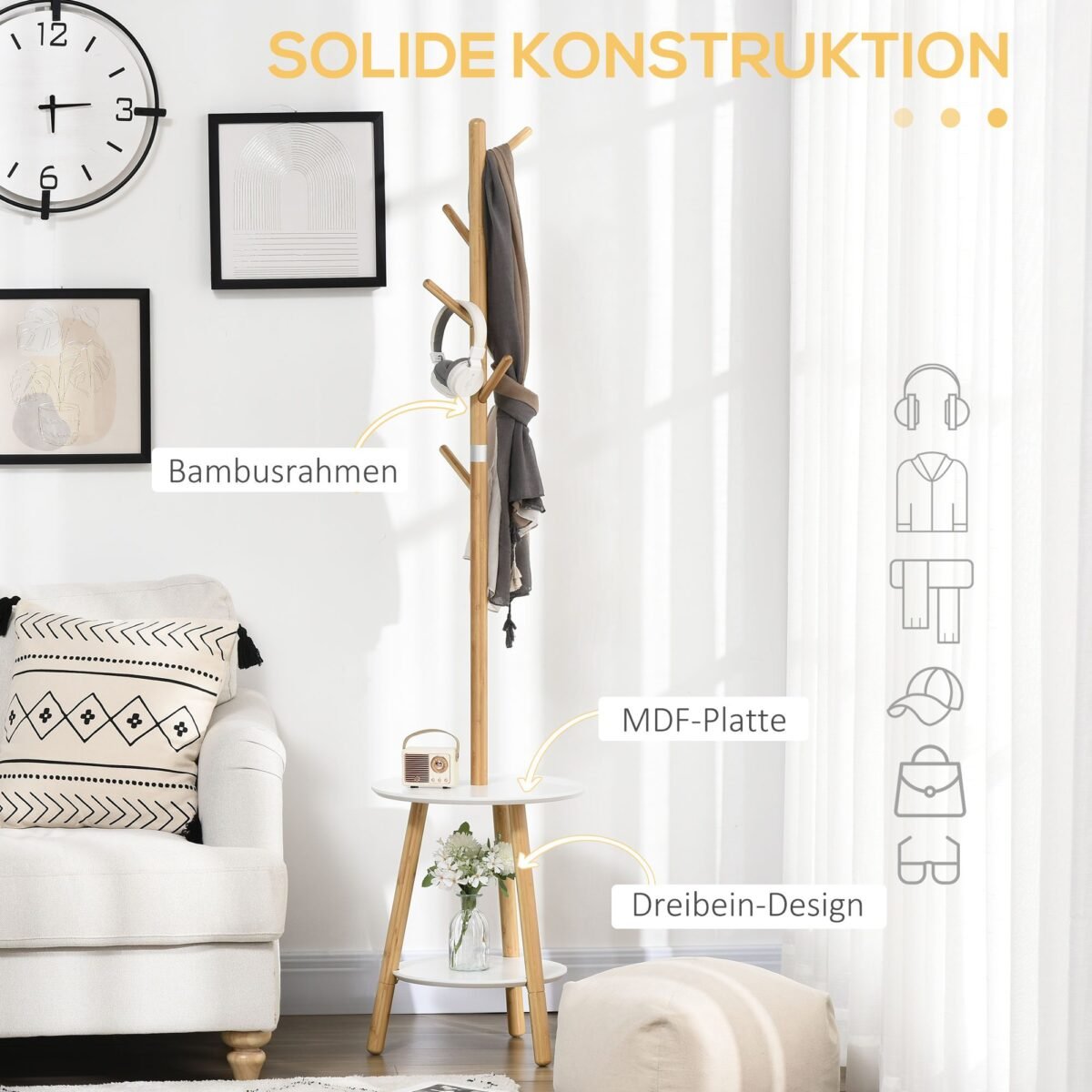 Skandinaviško dizaino drabužių kabykla su integruotu staliuku