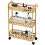 Bambukinis trijų aukštų laikymo vežimėlis su grotelinėmis lentynomis