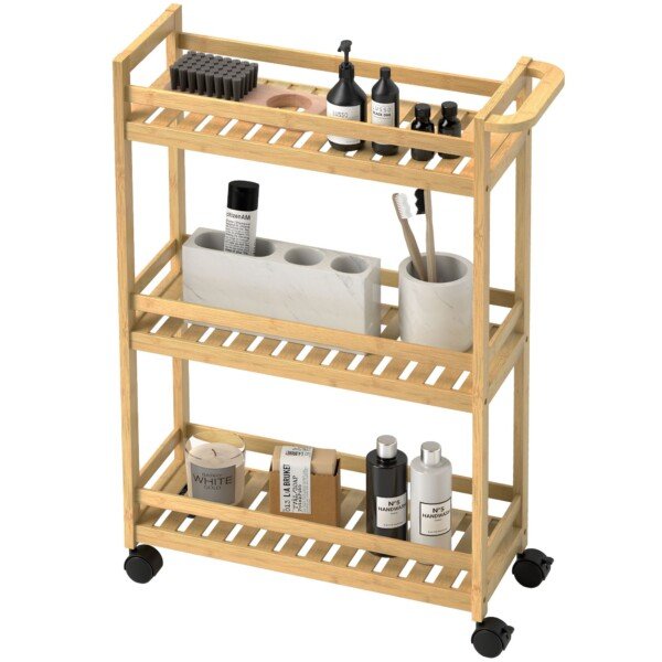 Bambukinis trijų aukštų laikymo vežimėlis su grotelinėmis lentynomis