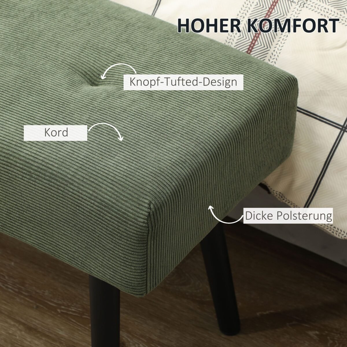 Minkštas suoliukas su dygsniuotu korduotu apmušalu