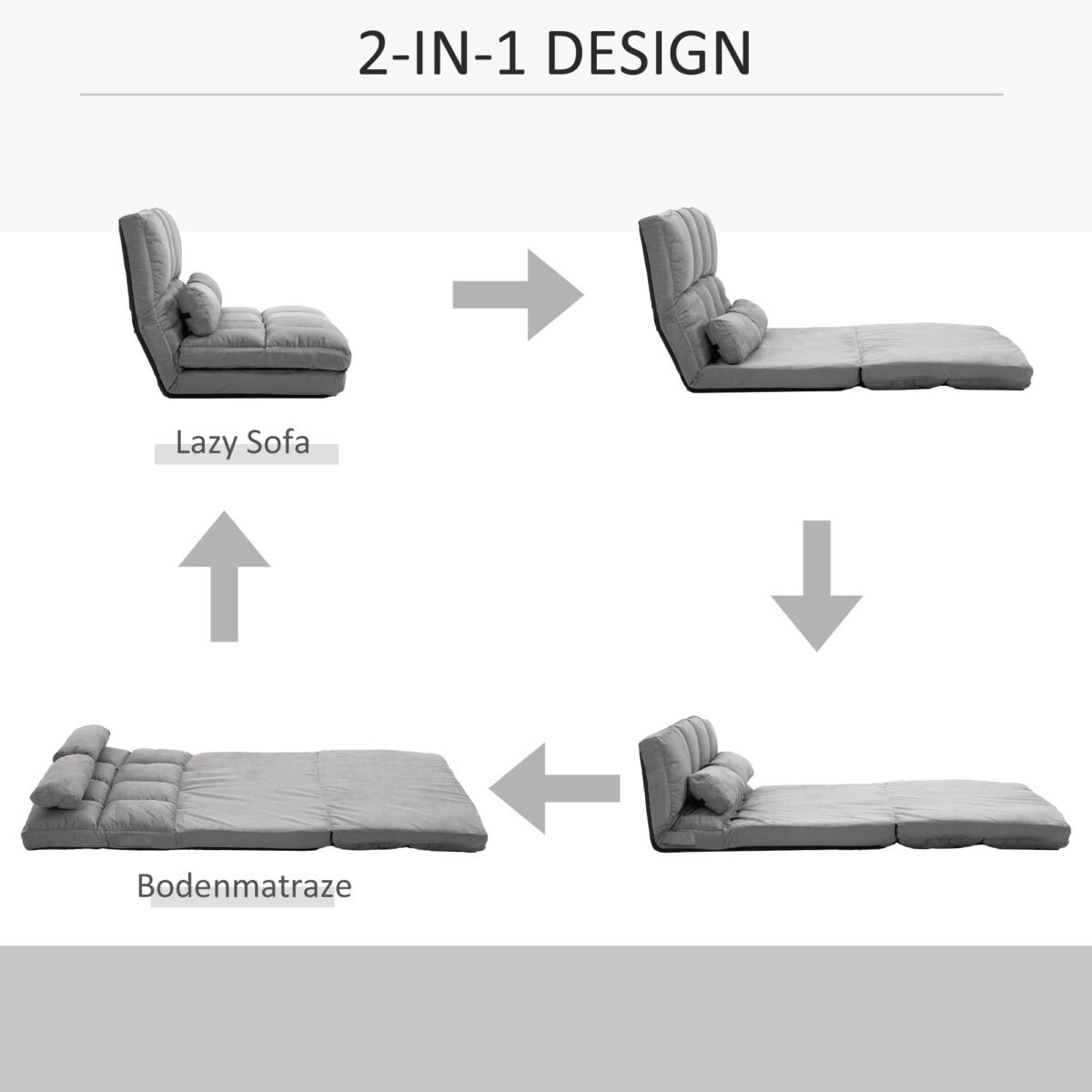 Grindų sofa-lova su reguliuojamu atlošu ir galvos atrama