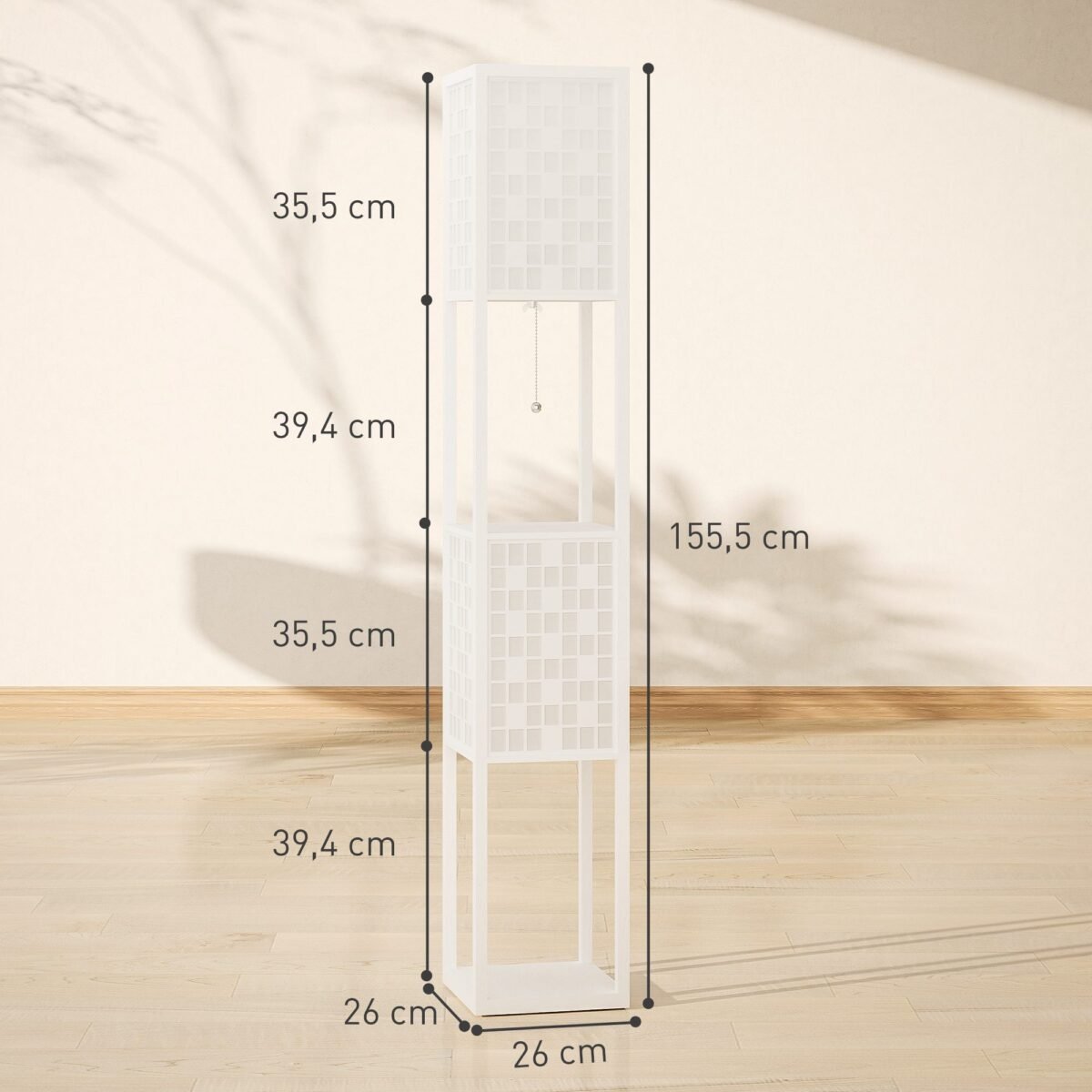 Pastatomas šviestuvas su dviejų pakopų lentynomis ir grotelių rašto gaubtu