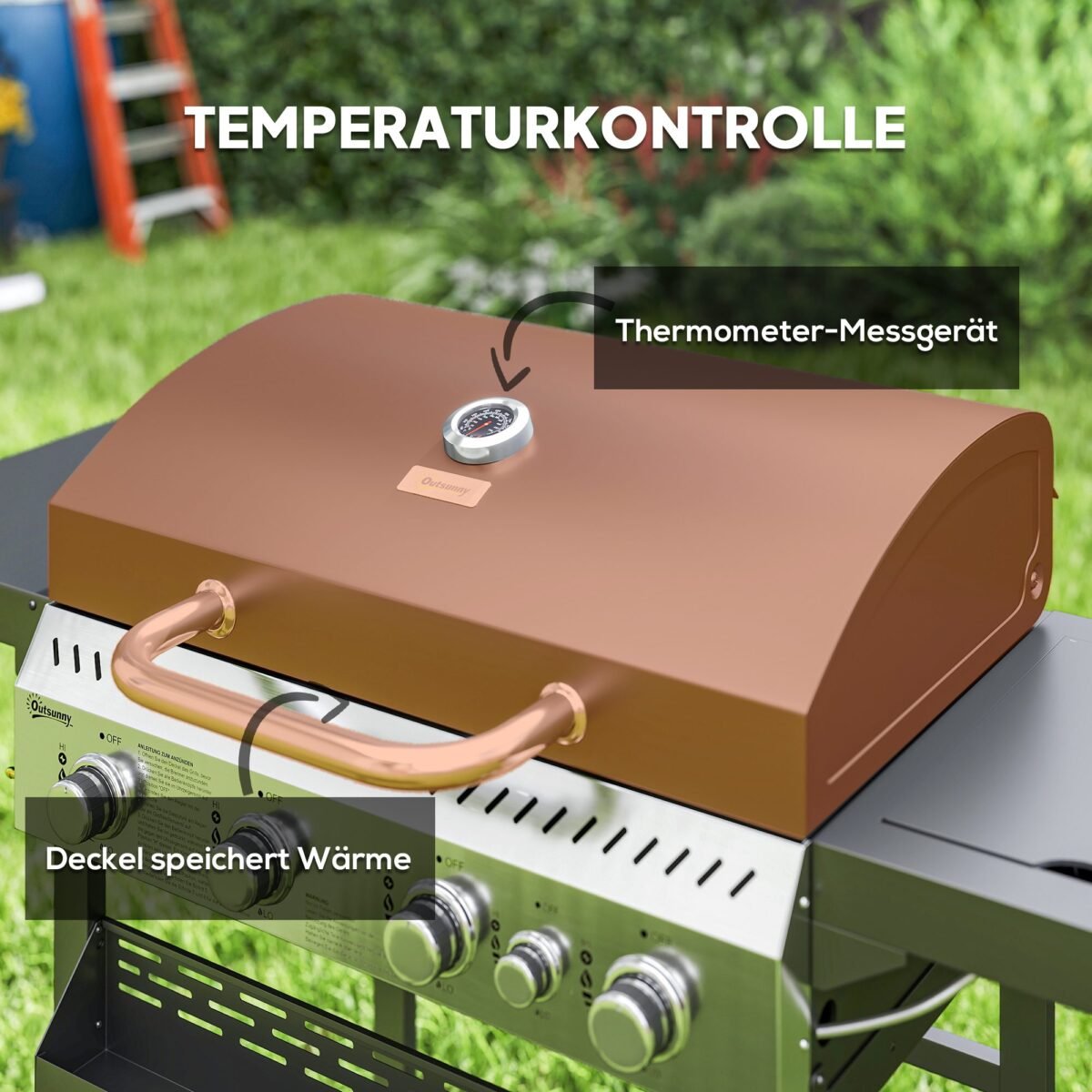 Dujinis grilis su 4 pagrindiniais degikliais, šoniniu degikliu ir pašildymo plokšte