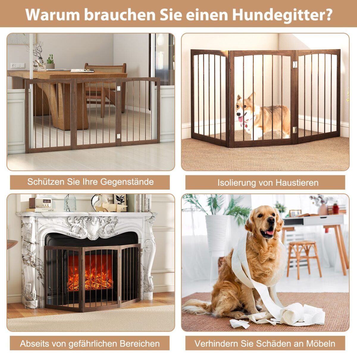 Sulankstomas medinis šunų atitvaras su trimis 76 cm aukščio skydais (Ruda)