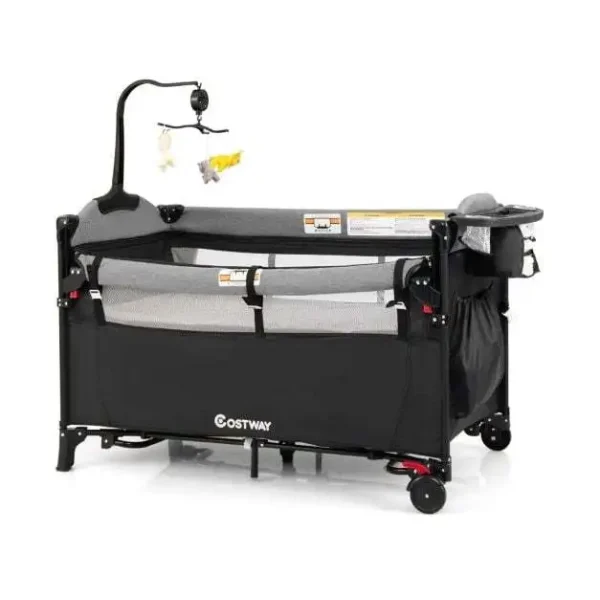 Daugiafunkcė 5in1 kūdikio lovytė su vystymo stalu ir laikymo krepšiu (Juoda)