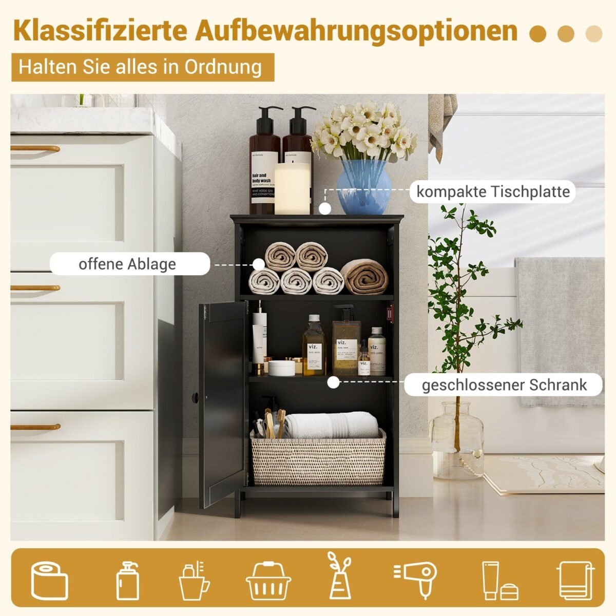 Kompaktiška vonios spintelė su reguliuojama lentyna (Juoda)