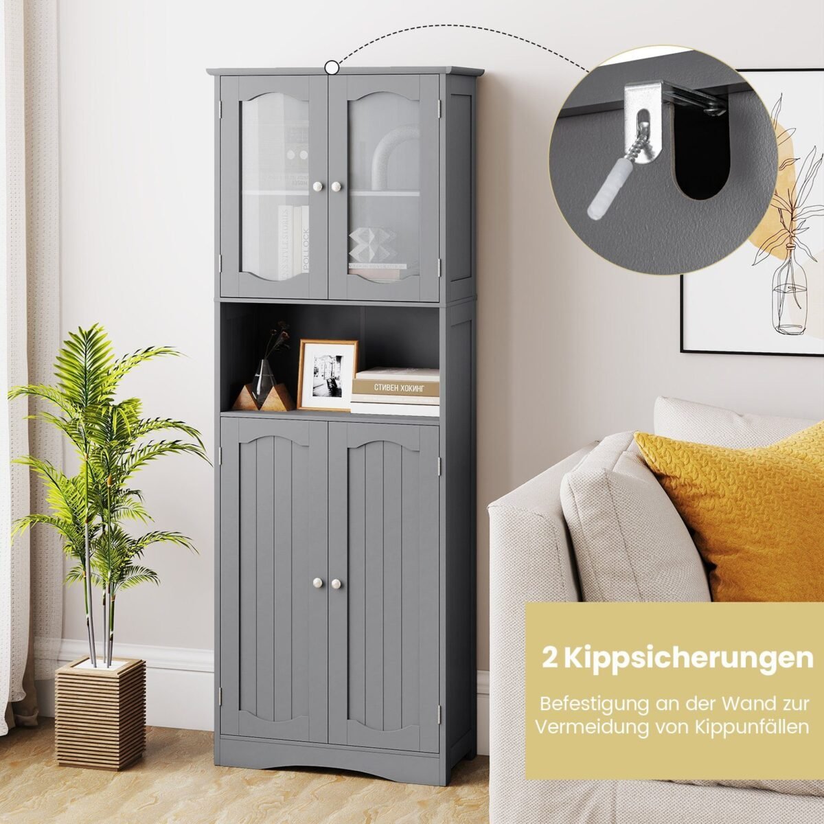 Aukšta vonios spintelė su 4 durelėmis ir reguliuojamomis lentynomis (Pilka)