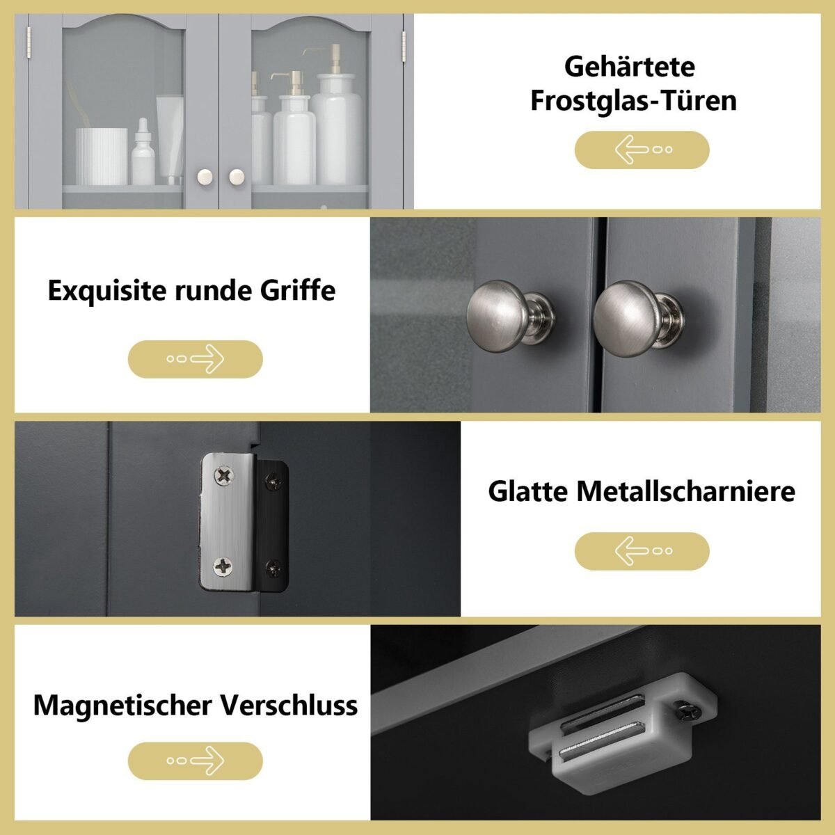 Aukšta vonios spintelė su 4 durelėmis ir reguliuojamomis lentynomis (Pilka)