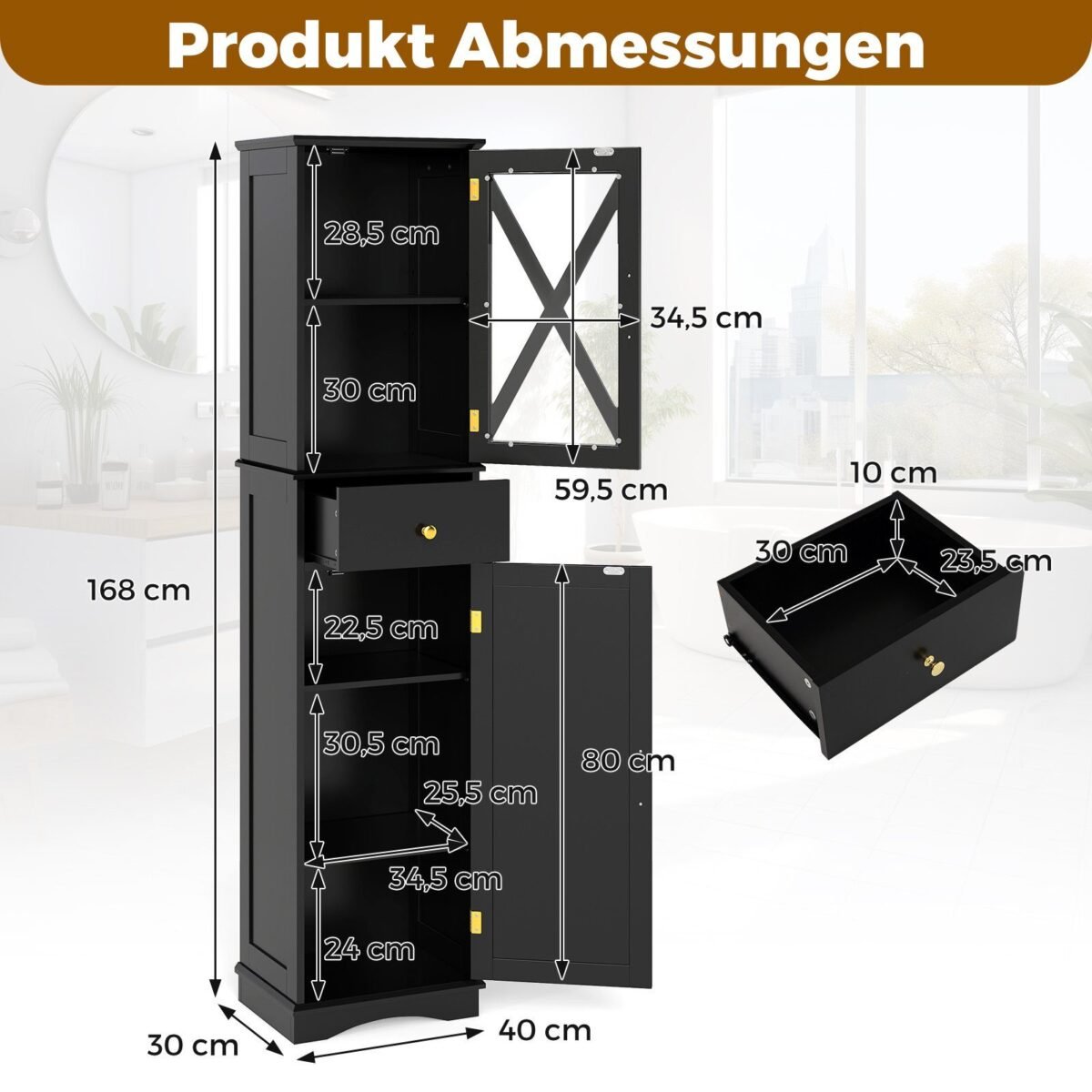 Aukšta vonios spintelė su reguliuojamomis lentynomis ir stalčiumi (Juoda)