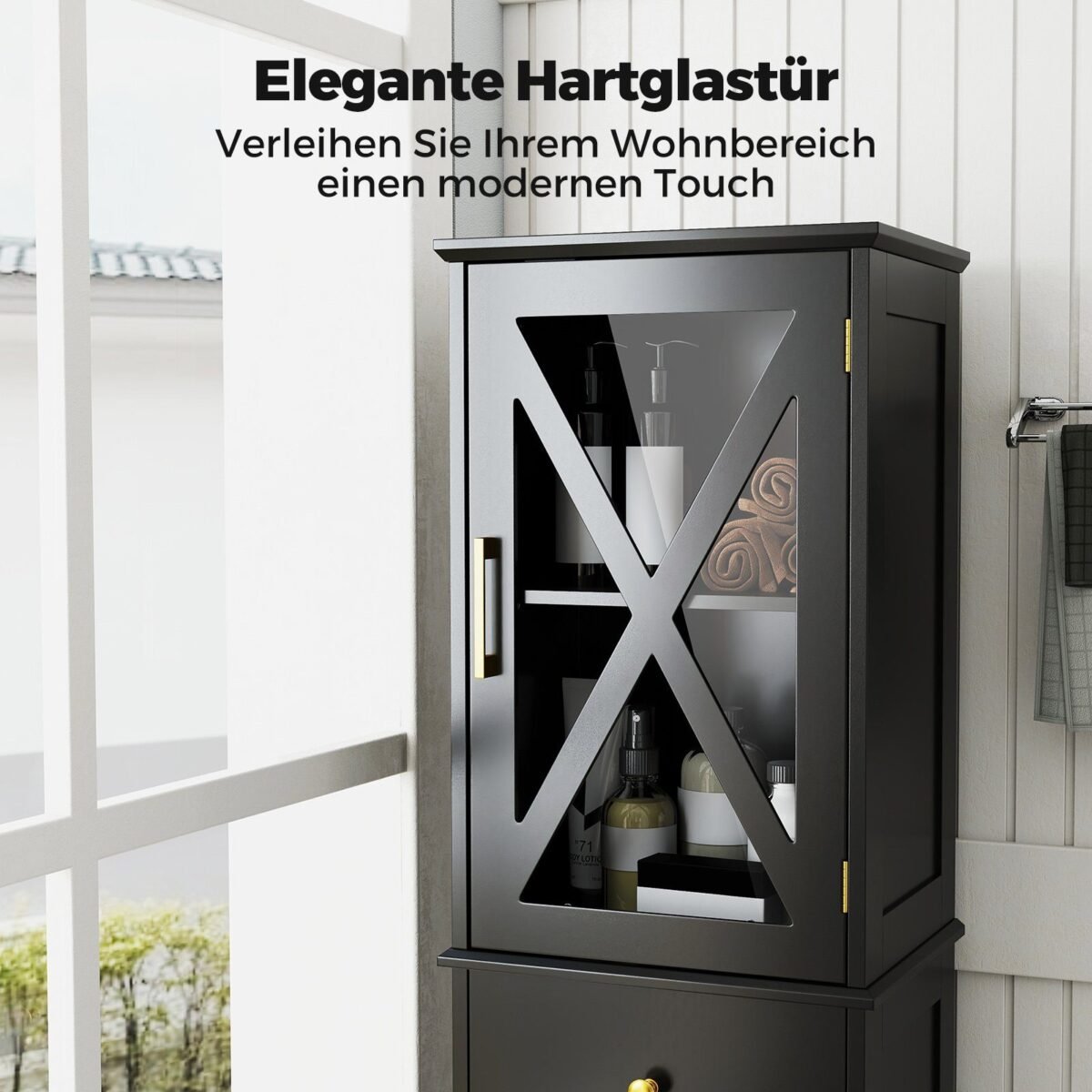 Aukšta vonios spintelė su reguliuojamomis lentynomis ir stalčiumi (Juoda)