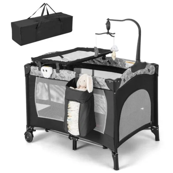 3in1 Nešiojama vaikiška lovytė su čiužiniu (Pilka)